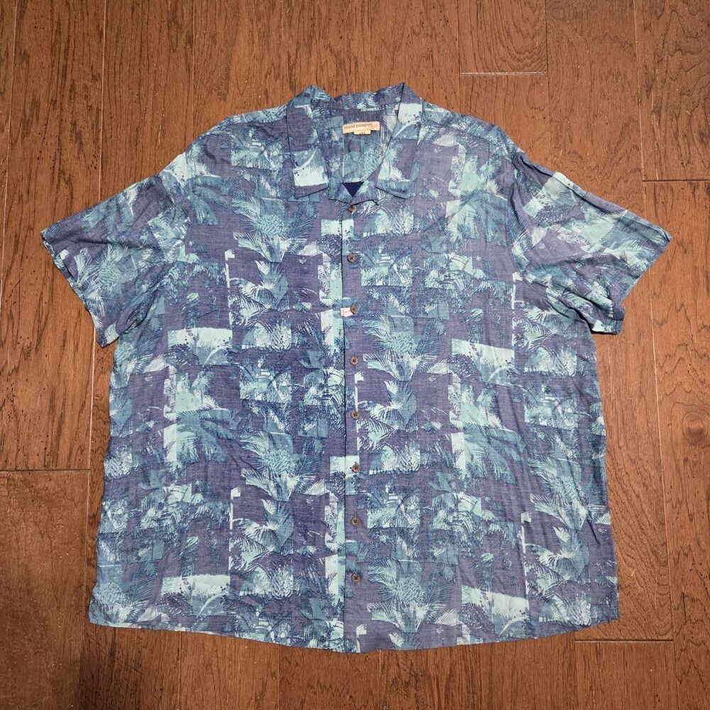 Island Passport Shirt Mens 4XL Camp Hawaiian Casual Button Up Floral Blue